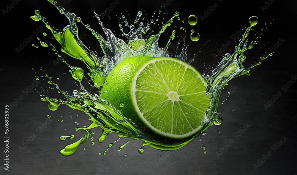  a lime with water splashing around it on a black background with a black background and a white bac