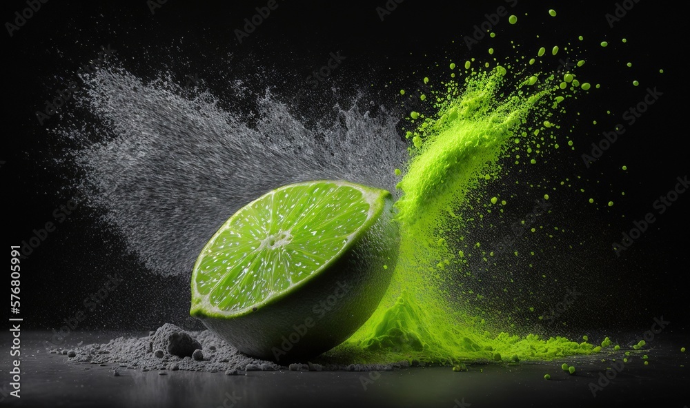  a lime being splashed with green powder on a black background with a splash of green on the side of