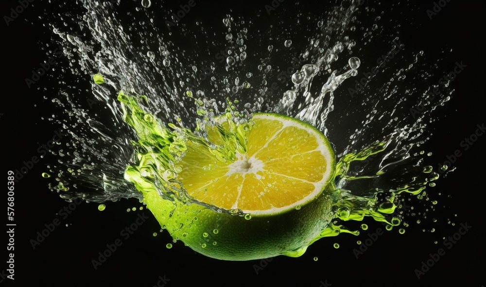  a lime is splashing into a glass of water on a black background with a splash of water on the top o