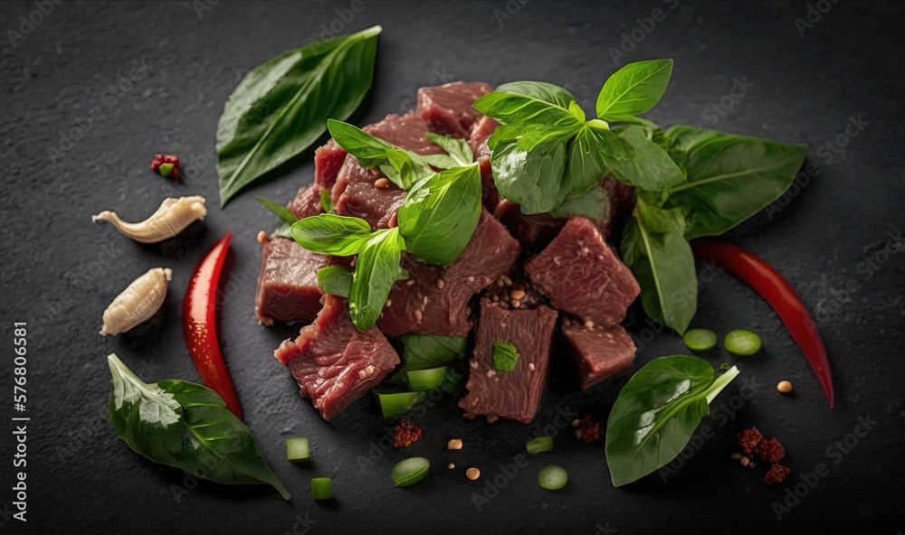  a plate of meat and vegetables on a black surface with herbs and spices on the side of the plate an