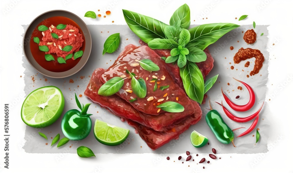  a piece of raw meat with basil, pepper, lime, and lime slices next to a bowl of chili sauce and a p