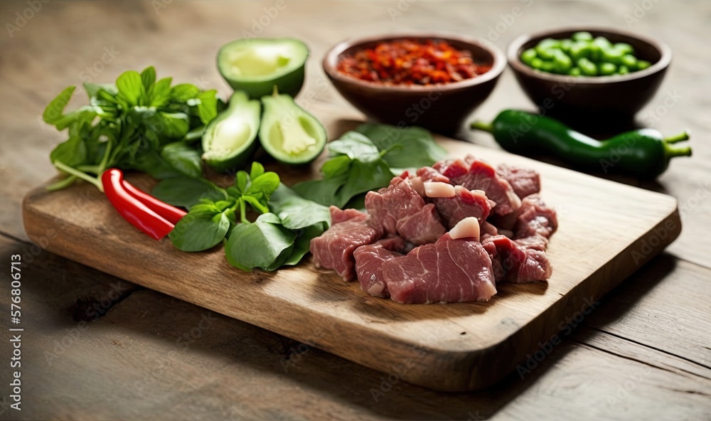  a wooden cutting board topped with meat and veggies next to a bowl of peppers and cucumbers and a b