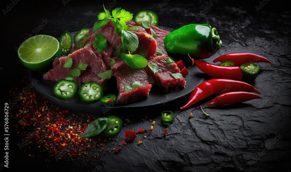  a black plate topped with sliced meat and green peppers next to peppers and a lime slice on a black