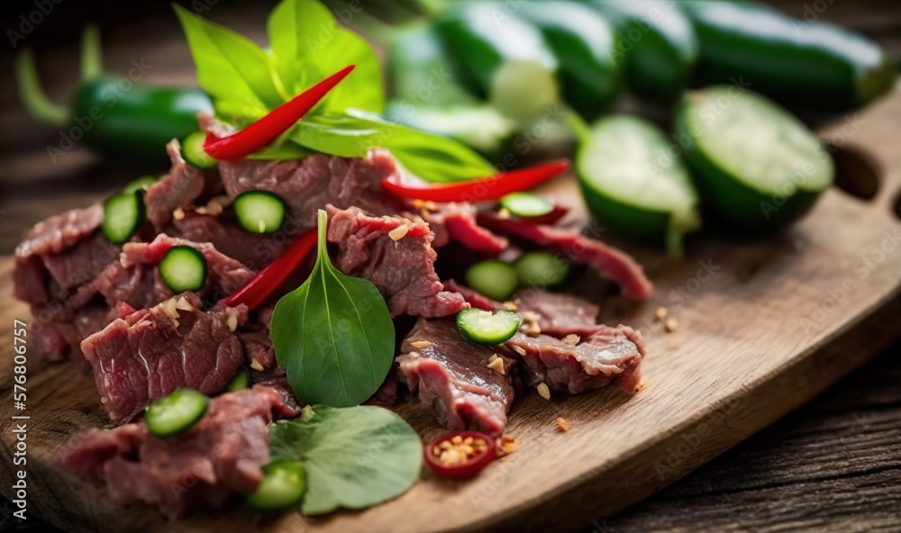  a wooden cutting board topped with sliced up meat and veggies next to cucumbers and a leafy green p