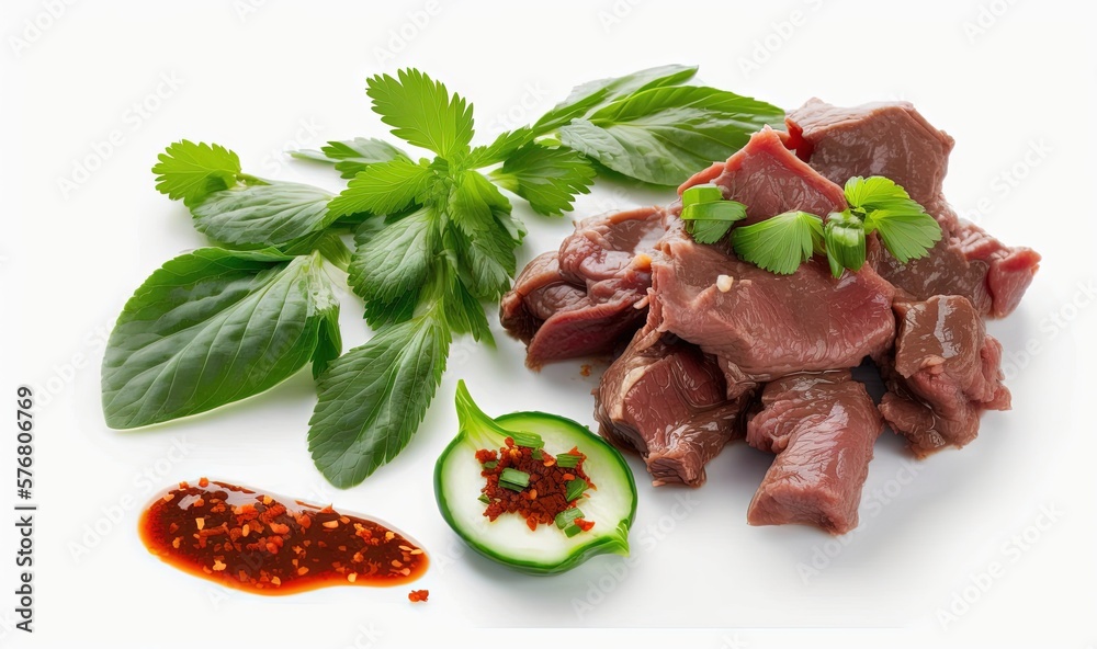  a white plate topped with meat and veggies next to a small cucumber and a green leafy garnish on to