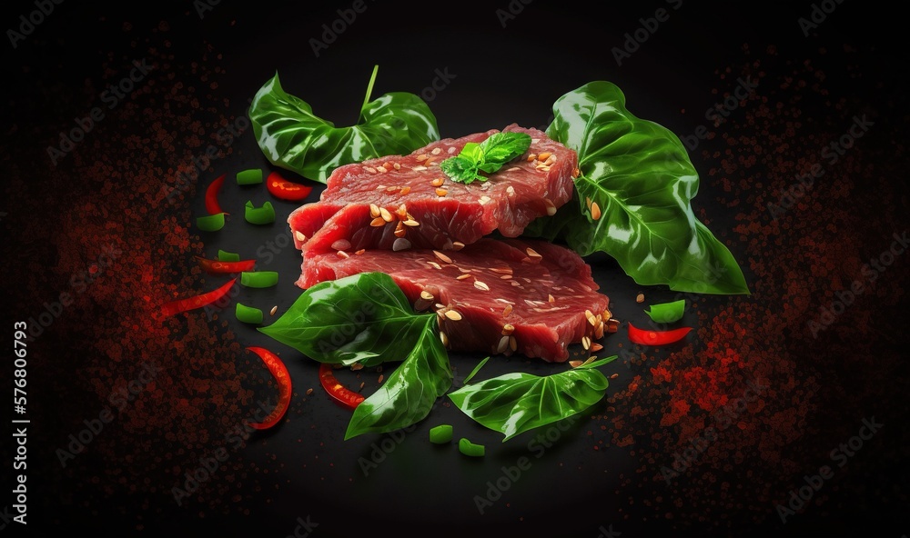  two pieces of meat with green leaves on a black surface with red chilis and pepper sprinkles on the