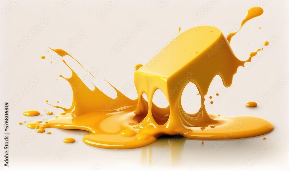  a yellow liquid splashing on top of a white surface with a block of block of cheese in the middle o