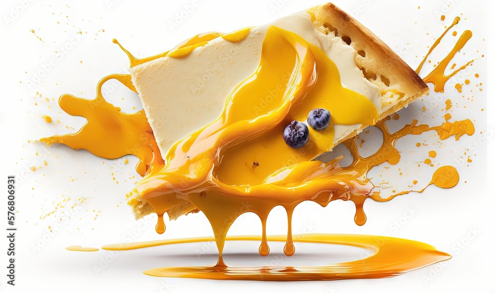  a piece of cheesecake with blueberries and orange sauce on a white background with splashes of oran