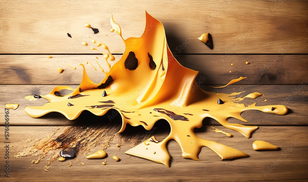  a yellow liquid splashing out of a wooden surface on top of a wooden table with a black object in t