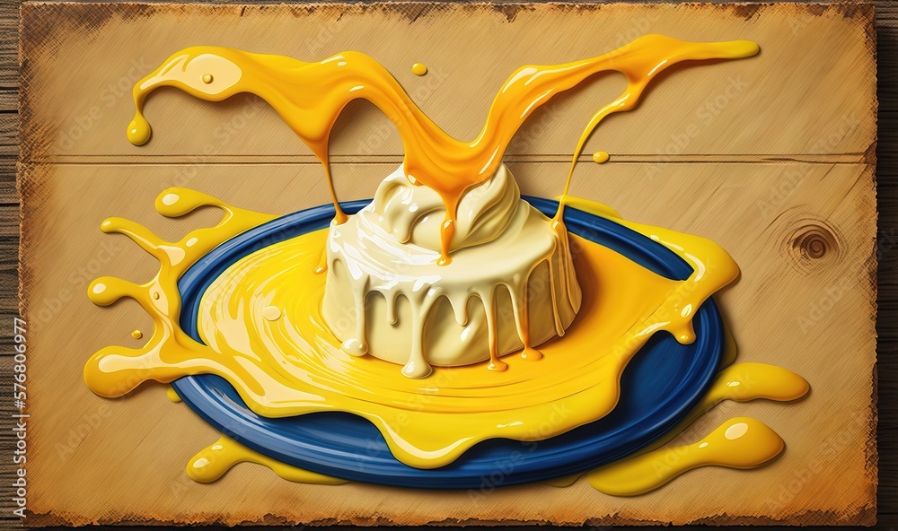  a piece of cake with yellow icing on top of a blue plate on a wooden surface with a wooden backgrou