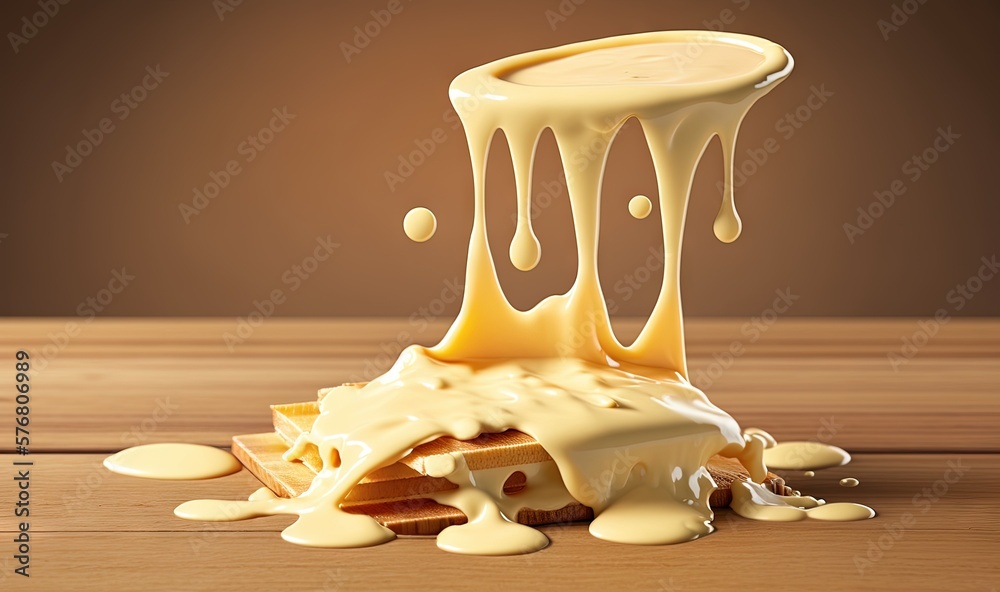  a wooden table topped with a pile of cheese covered in sauce and sauce pouring out of a cheese slic