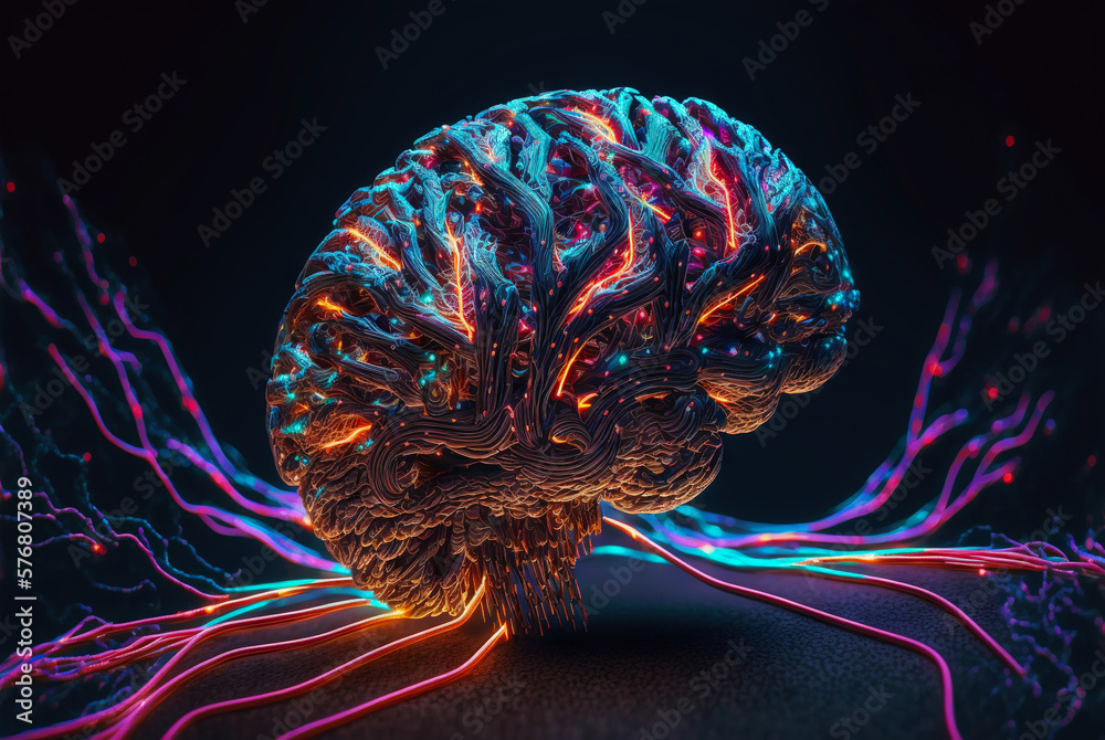 Cyber brain of Artificial Intelligence. Wires and circuit attached. Futuristic synthetic life. Gener