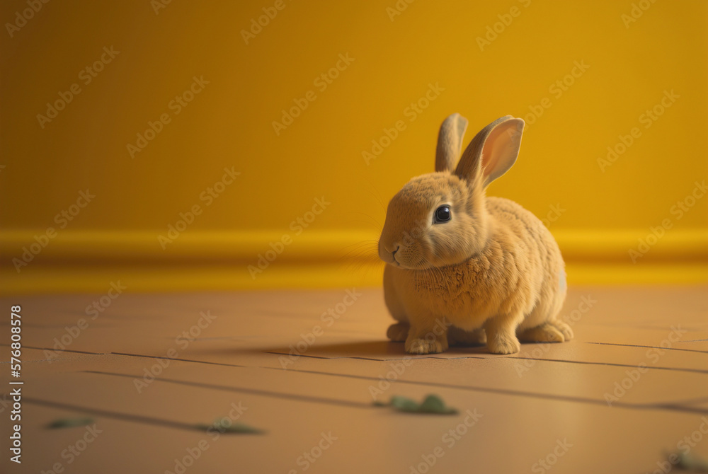 Cute little rabbit sitting on uniform yellow floor background. Generative AI