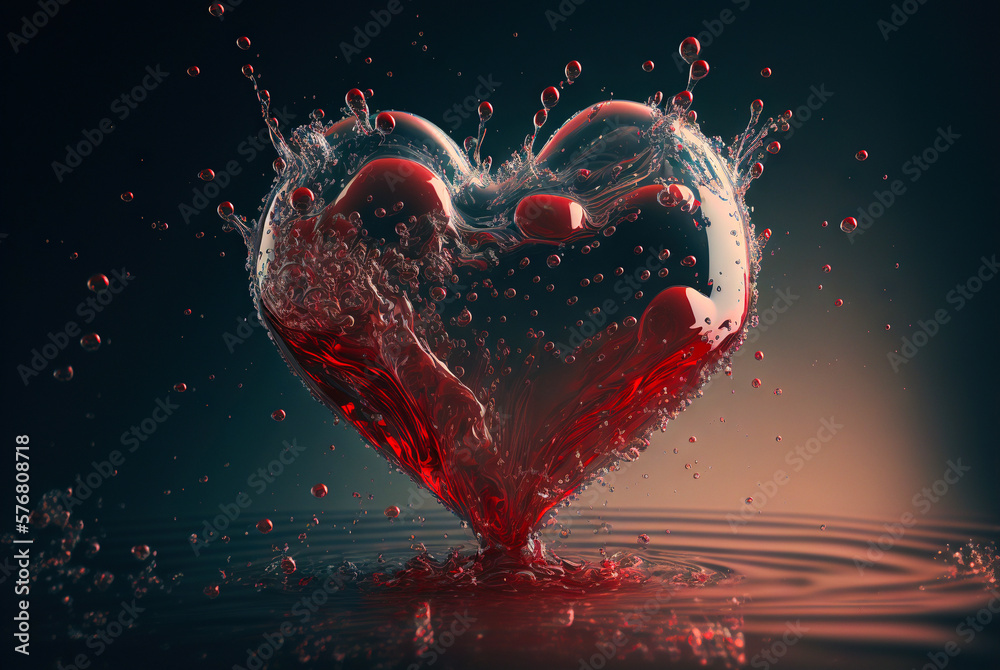 Heart-shaped red wine stream with bubbles, drops, splashes. Valentines day concept. Generative AI