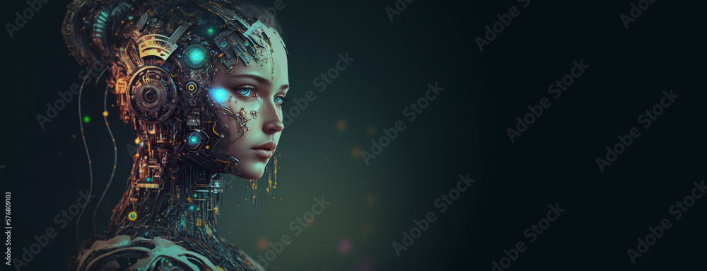 Female android portrait of artificial intelligence avatar. Wires and tech pieces on cyborg head. Gen