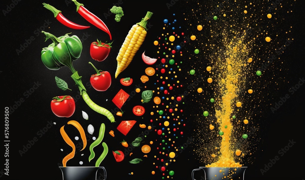  a black background with a variety of vegetables and grains coming out of a pot and into a pan with 