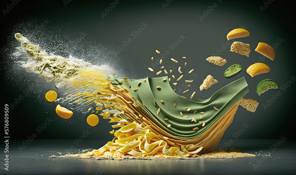  a pile of pasta being tossed into the air with a green cloth on top of it and falling into the air 