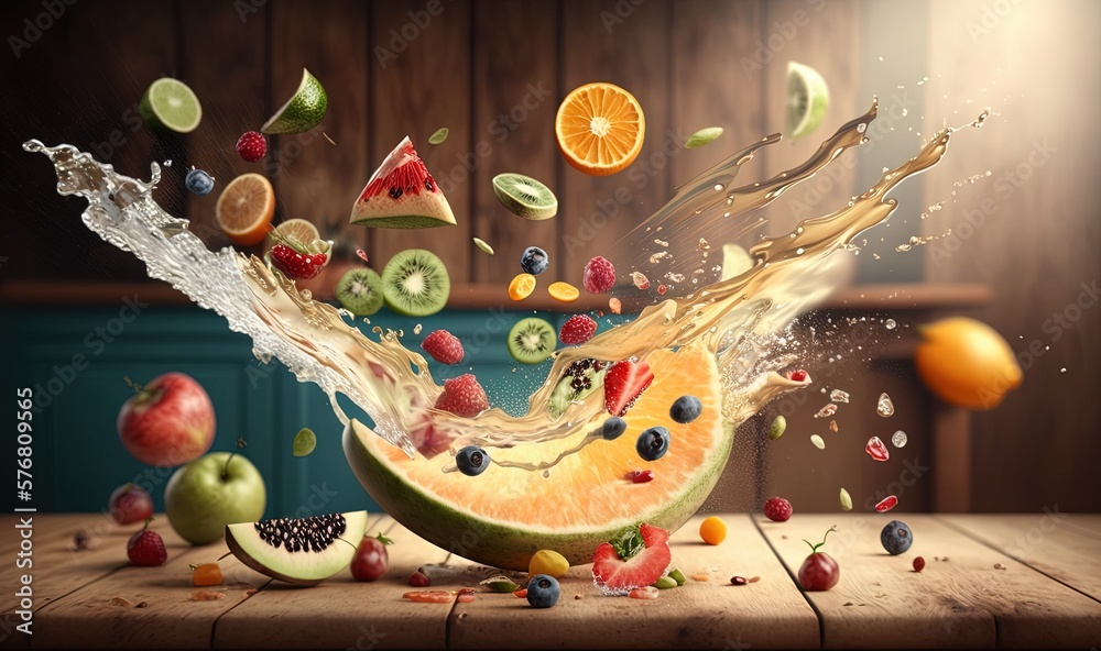  a slice of fruit is falling into the water with a splash of juice on it and a bunch of fruit on the