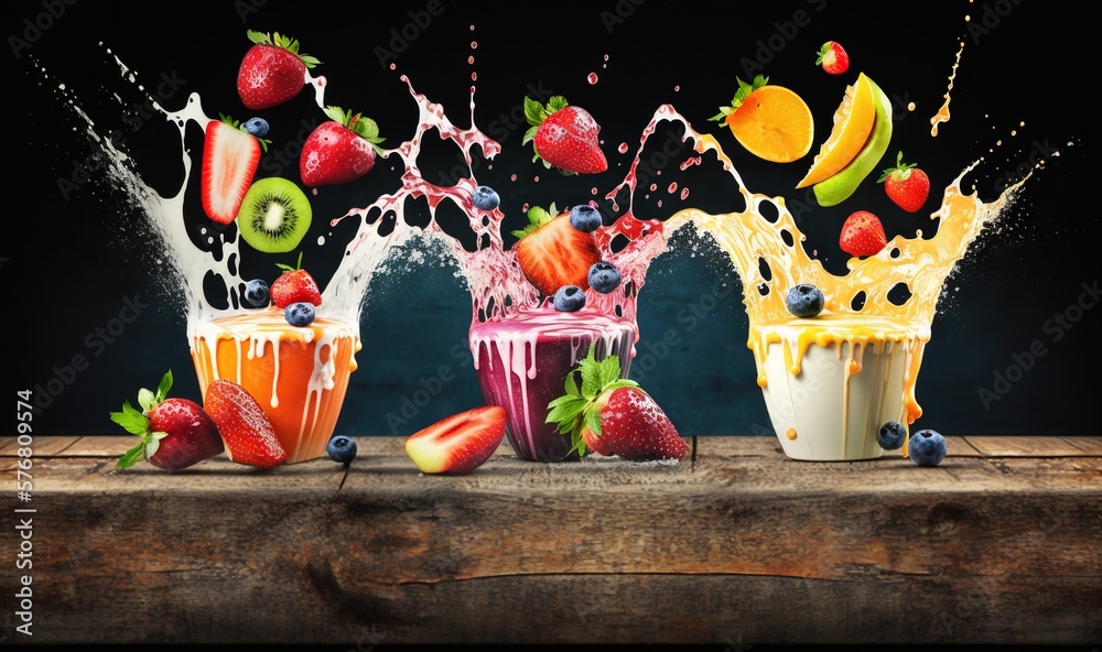  a group of fruit splashing into a glass of juice on a wooden table with other fruit and vegetables 