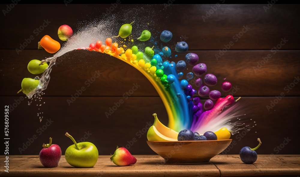  a bowl filled with fruit and splashing water on top of it with a rainbow in the middle of the bowl 