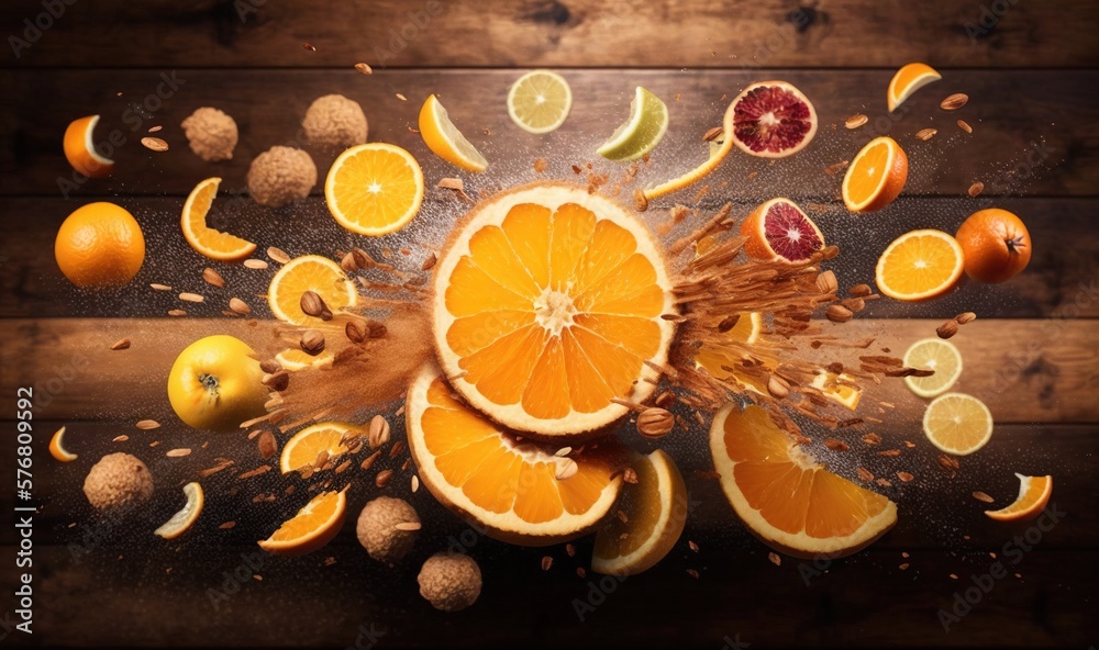  a bunch of oranges that are cut in half and sitting on a wooden table with other oranges and nuts a