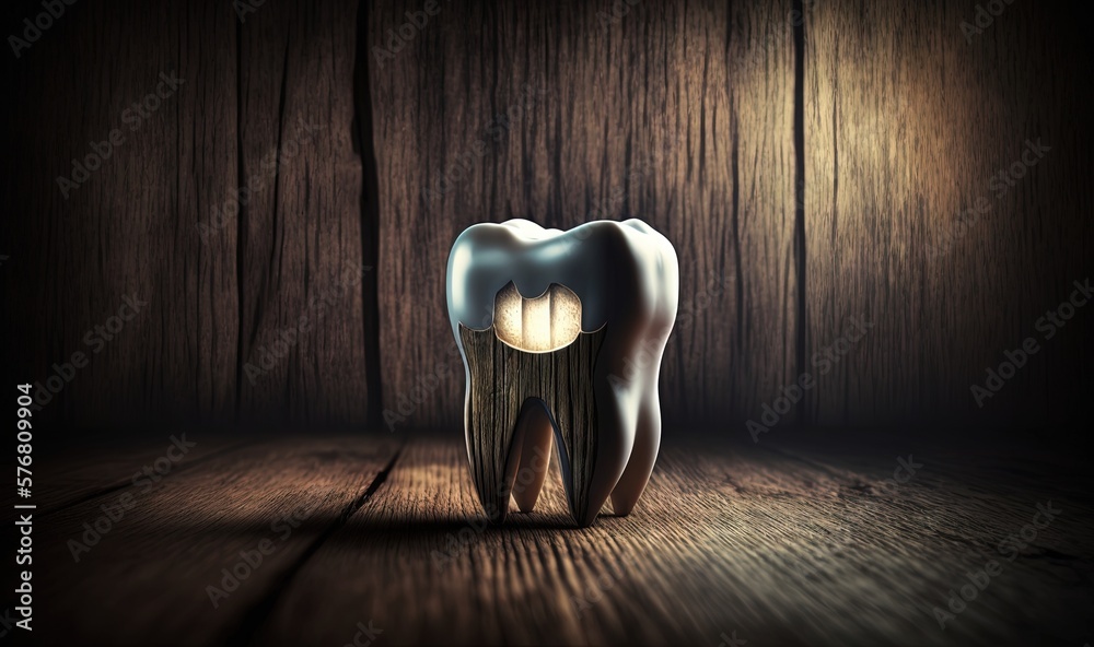  a toothbrush holder with a tooth on it on a wooden floor in a dark room with a light shining on the