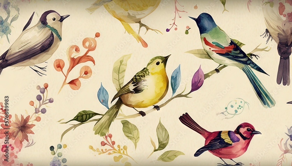  a group of birds sitting on top of a tree branch next to a flower filled wallpaper covered in lots 