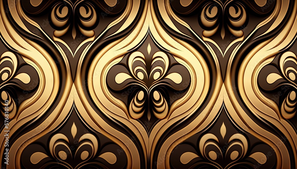  a gold and black wallpaper with swirls and curves in the middle of it, and a black background with 