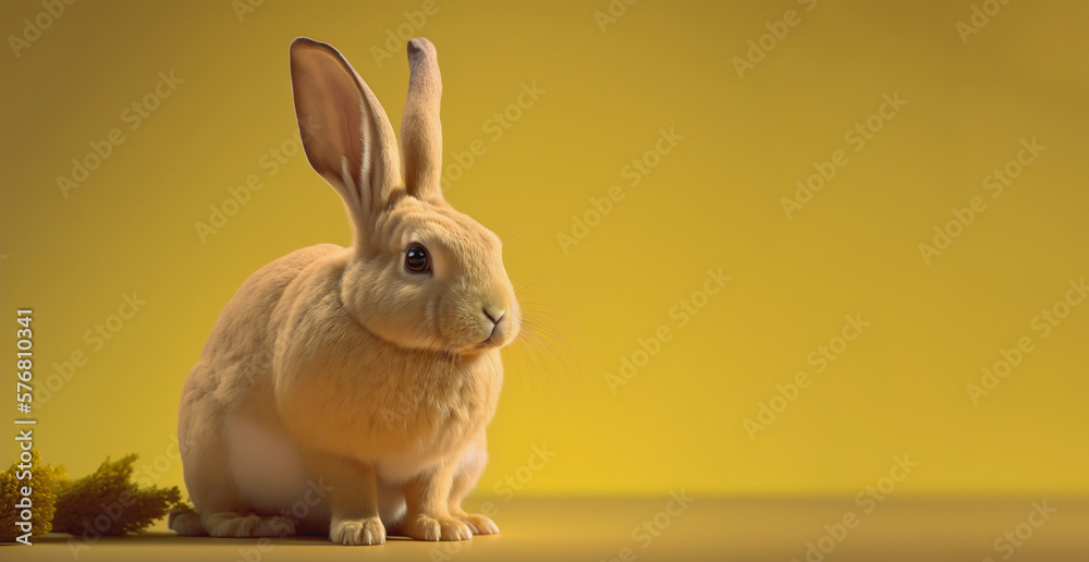 Cute little rabbit sitting on uniform yellow floor background. Generative AI