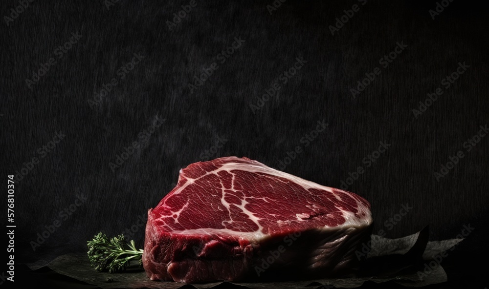  a piece of steak sitting on top of a piece of paper next to a leafy green plant on a black surface 