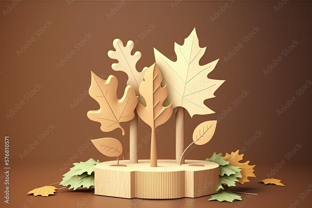 Leaves adorn a wooden pedestal set on a beige ground. Beauty cosmetics, stage shows, promotions, and