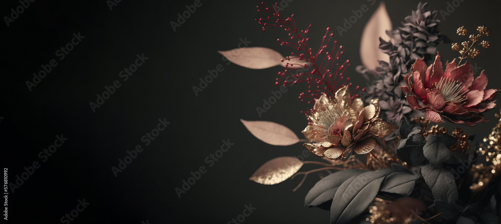 A close-up of a dried wreath made of flowers in soft muted tones. Floral design with copy-space. Gen