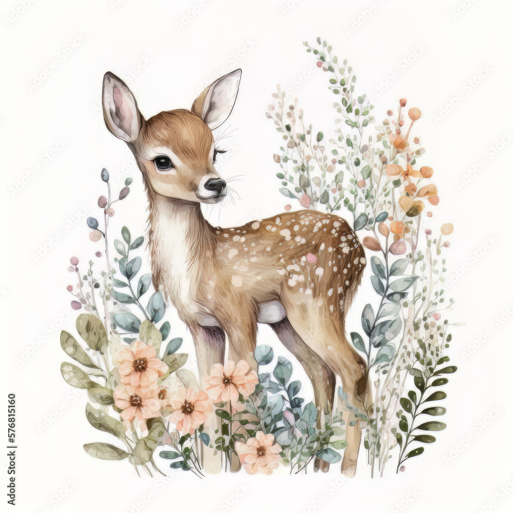 Watercolor forest cartoon isolated cute baby deer animal. Illustration AI Generative