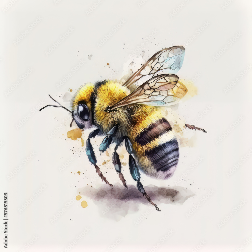 cute watercolor bee on white background. Illustration AI Generative