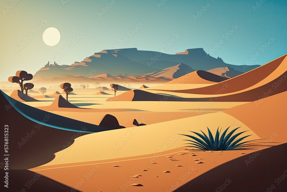 Dawn sand dunes under a cloudless sky. Wahiba Sands, an Omani desert. Generative AI