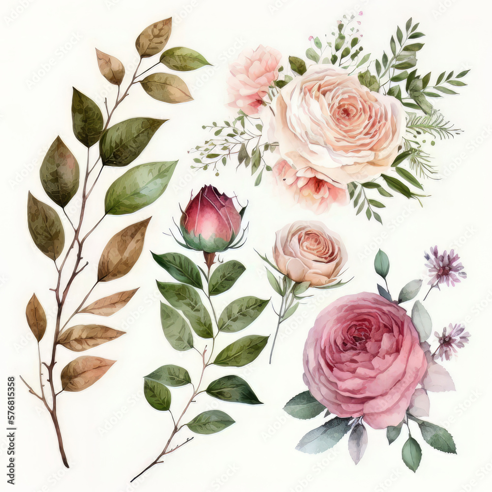 watercolor arrangements with roses. garden pink flowers. Illustration AI Generative