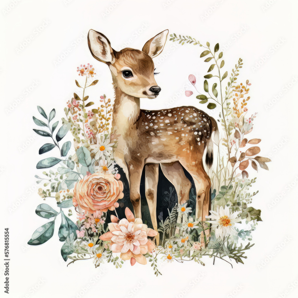 Watercolor forest cartoon isolated cute baby deer animal. Illustration AI Generative