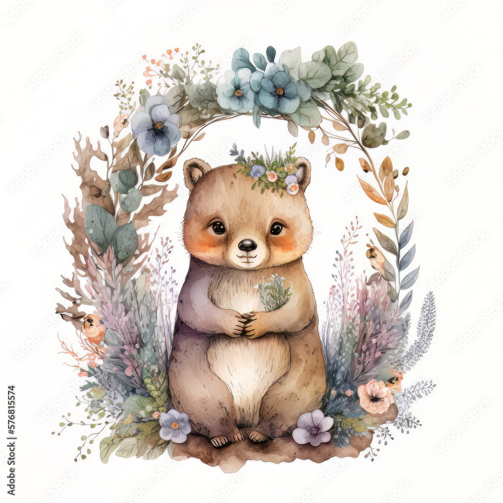 Watercolor forest cartoon isolated cute baby bear animal. Illustration AI Generative