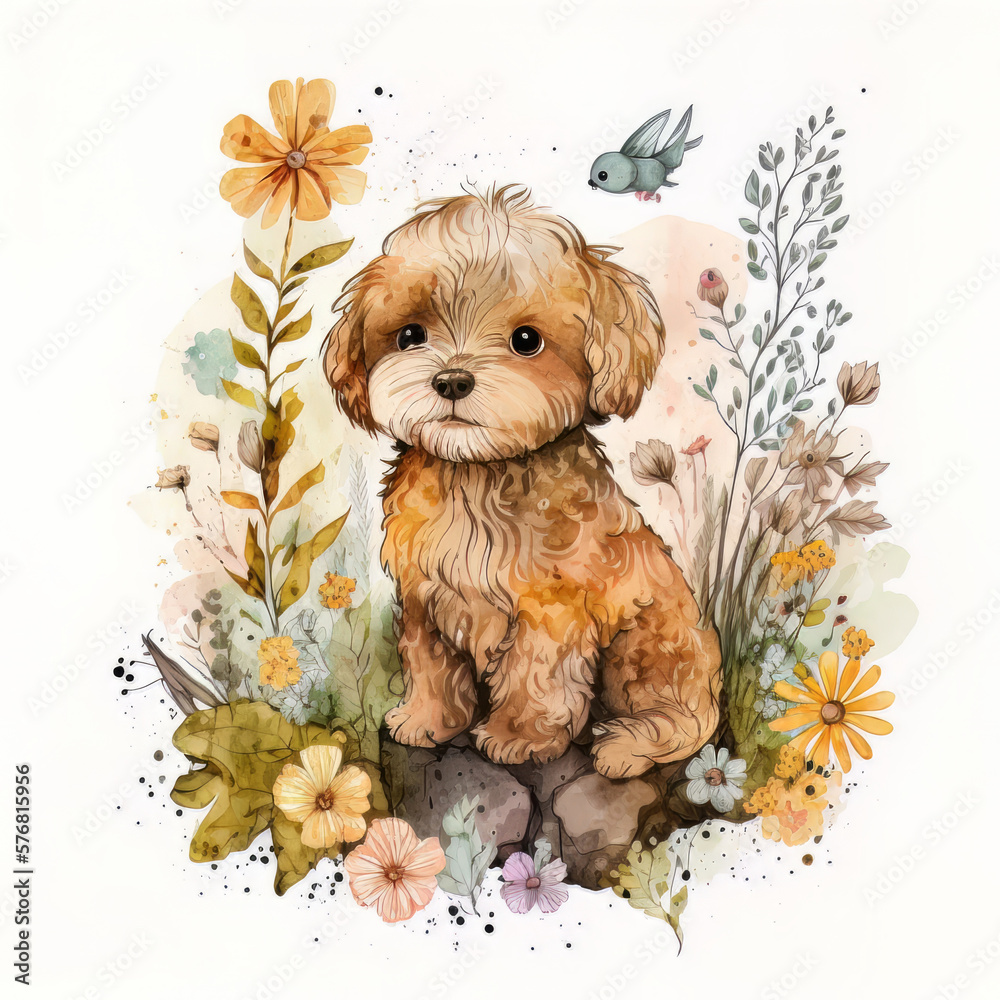 Watercolor forest cartoon isolated cute baby dog animal. Illustration AI Generative