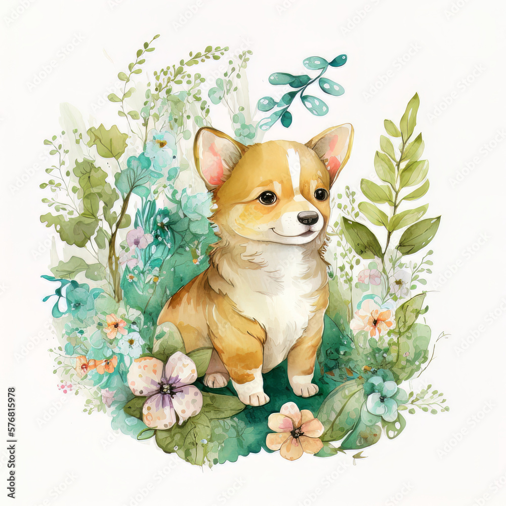 Watercolor forest cartoon isolated cute baby dog animal. Illustration AI Generative