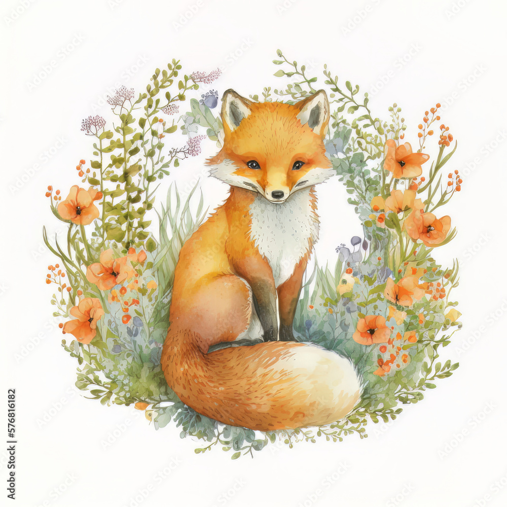 Watercolor forest cartoon isolated cute baby fox animal. Illustration AI Generative