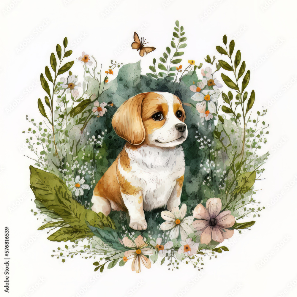 Watercolor forest cartoon isolated cute baby dog animal. Illustration AI Generative