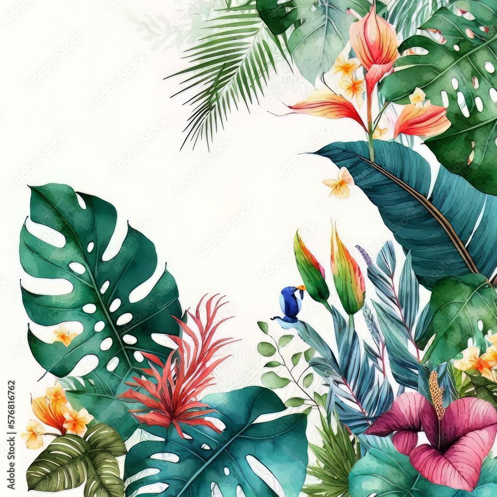 cute vivid colors watercolor border with tropical plants. Illustration AI Generative