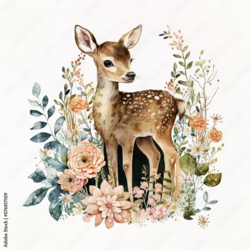 Watercolor forest cartoon isolated cute baby deer animal. Illustration AI Generative