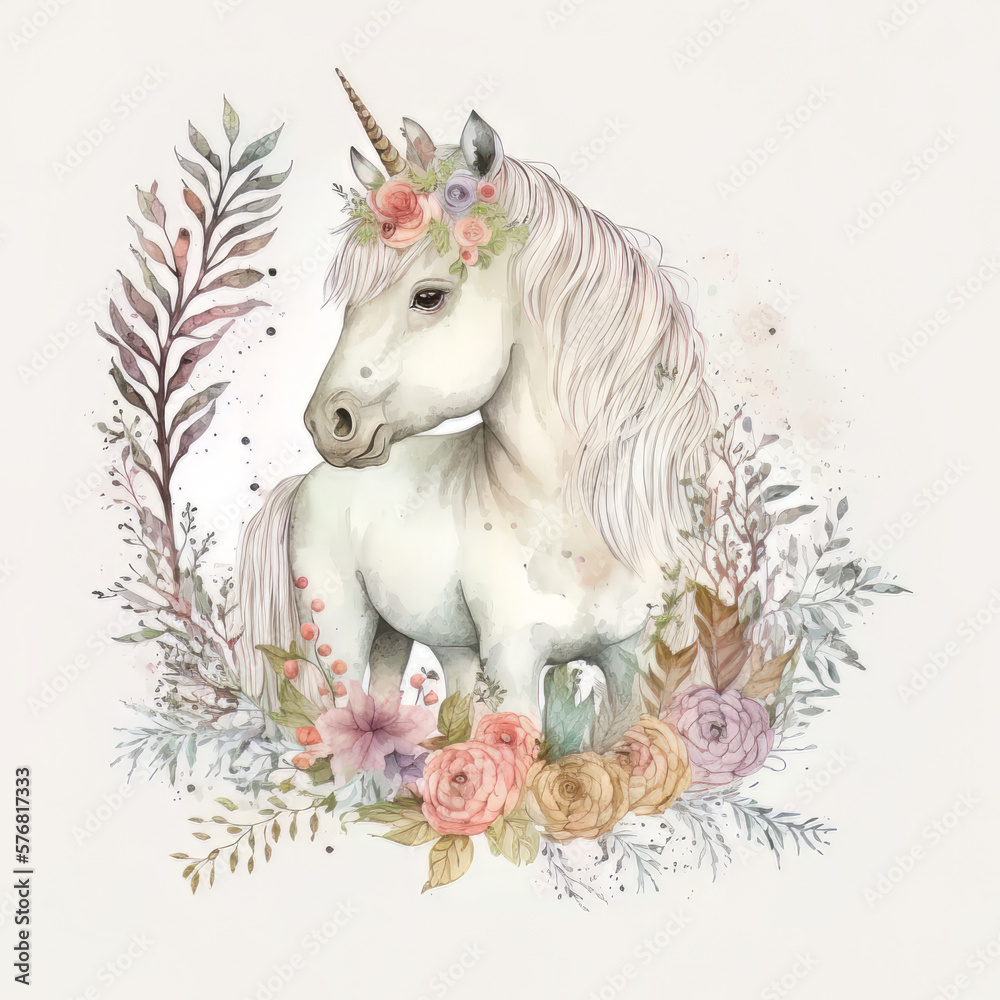 Watercolor forest cartoon isolated cute baby unicorn animal. Illustration AI Generative