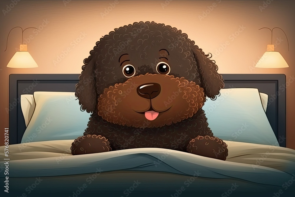 A brown Spanish water dog with a cute face and large brown eyes is having a good time on the bed. In