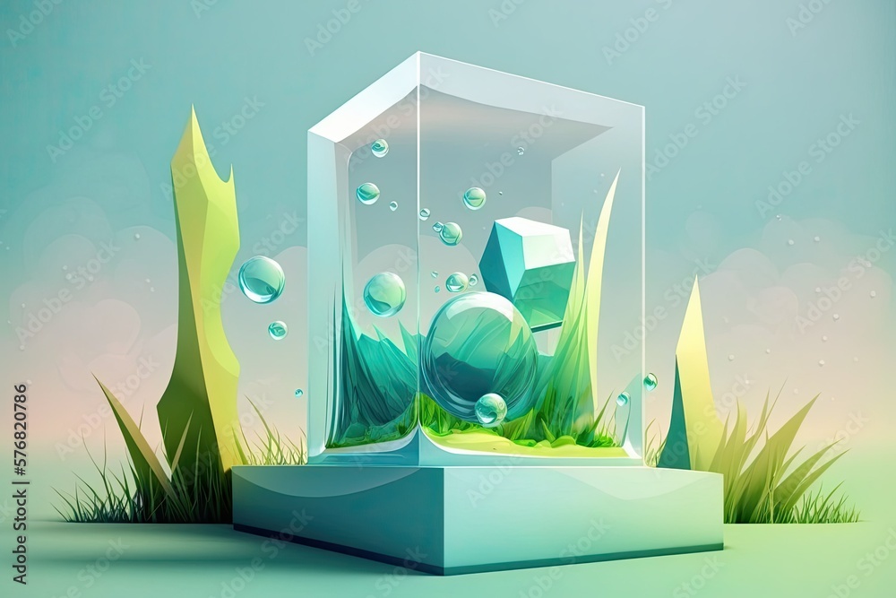 Scene from an abstract natural field, featuring a podium and frosted glass in the background, ideal 