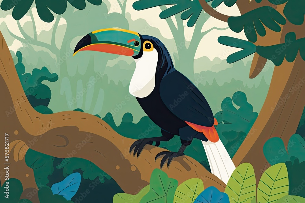 Panamanian woodland with a toucan perched on a limb. Discovering Central Americas natural beauty. K