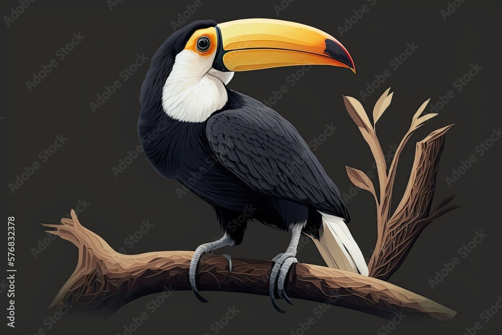 The toucan at the zoo is black with a huge beak and its perched on a branch. Generative AI