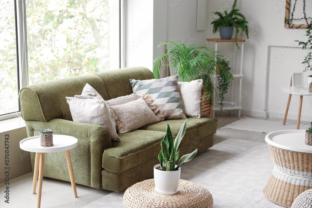 Interior of cozy living room with green sofa, tables and houseplants